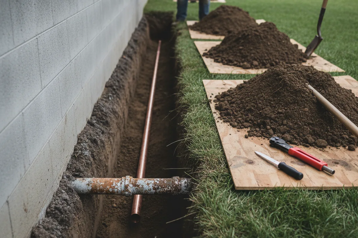Excavated water line trench during Water Heater Repair in Sutersville